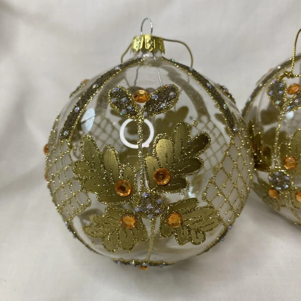 Set Of 4 Pottery Barn Glass Gold Clear Christmas Ornaments